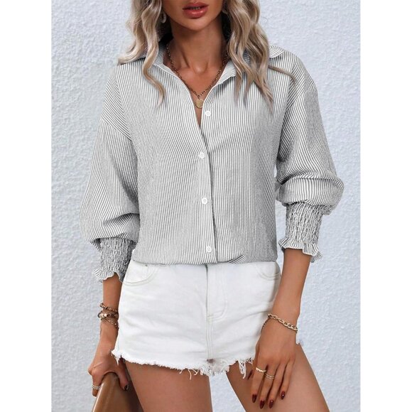 Womens Striped Button Long Sleeve Black Striped Oversized Collared Work Shirt - Picture 2 of 5